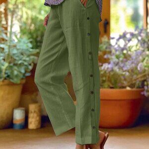 Side Decor Button Casual Wide Leg Pants